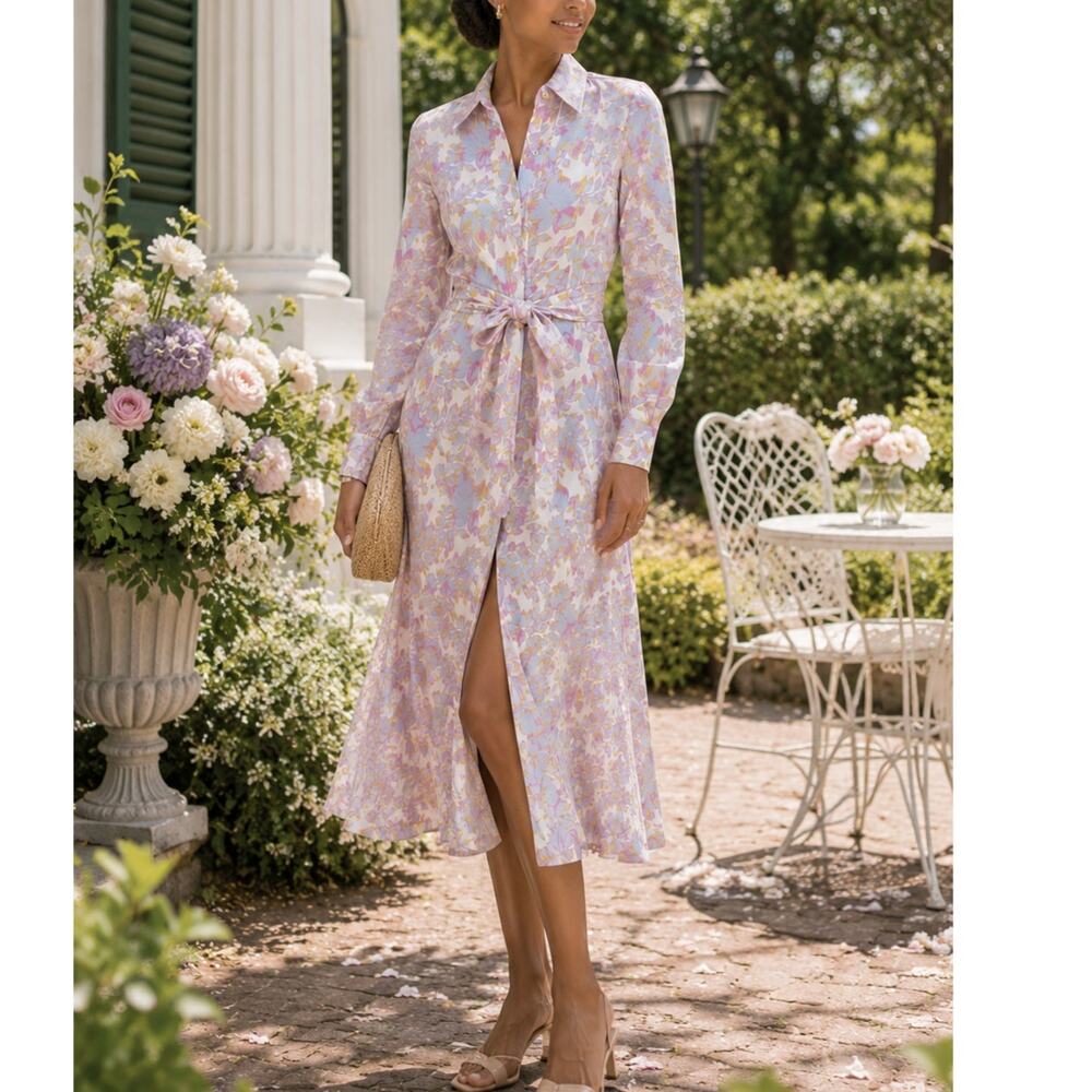 Rebecca Vallance Fleur Floral Midi Shirt Dress Tie Waist Pastel size US 2 - Picture 7 of 14